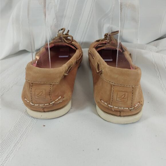 SPERRY! TOPSIDER FAWN BEIGE GENUINE LEATHER, BROWN LACING DECK SHOES! SZ 8M - Picture 8 of 10